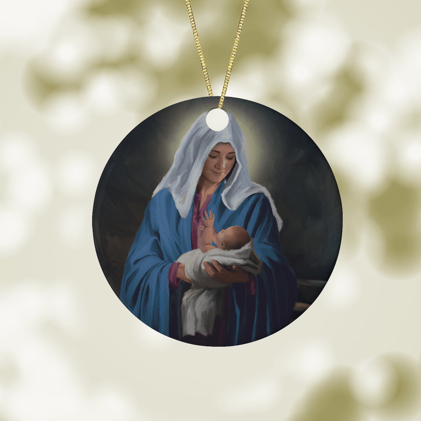 Mary Holding the Christ-child Ceramic Christmas Ornament with Art by Simon Treadwell
